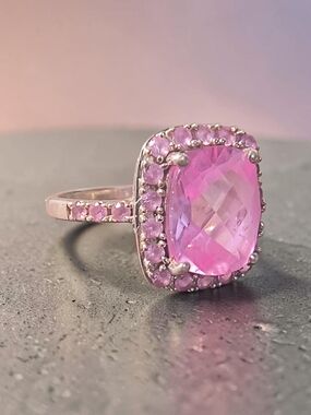Michelle Albala Pink Sapphire Halo Cushion-Cut Ring